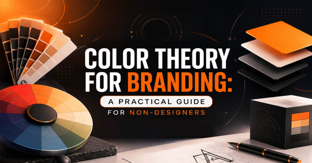Illustration of color theory for branding featuring a color wheel, color swatches, brand palette samples, and design elements demonstrating how color psychology and brand colors create a consistent visual identity.
