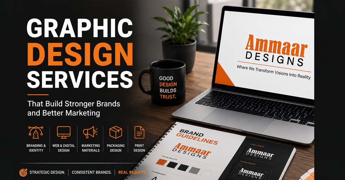 Graphic design services workspace featuring AmmaarDesigns branding on a laptop screen, brand guidelines booklet, business cards, color palette swatches, and marketing design materials in an orange, black, and white professional office setup.