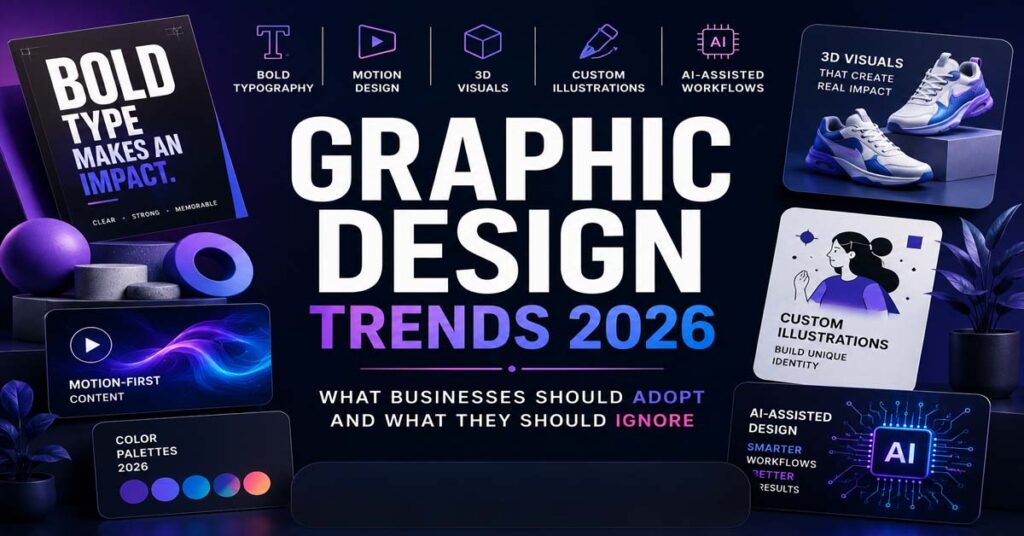 Graphic design trends 2026 featuring bold typography, branding systems, 3D visuals, motion design, AI-assisted workflows, and modern visual identity concepts.