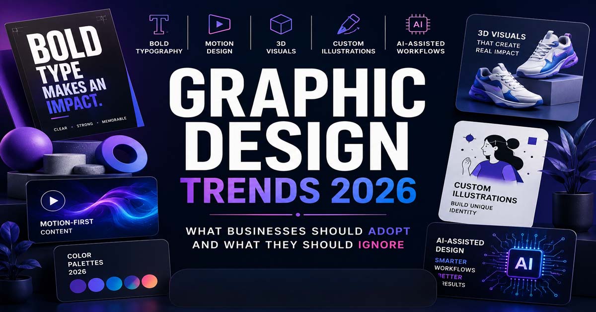 Graphic design trends 2026 featuring bold typography, branding systems, 3D visuals, motion design, AI-assisted workflows, and modern visual identity concepts.