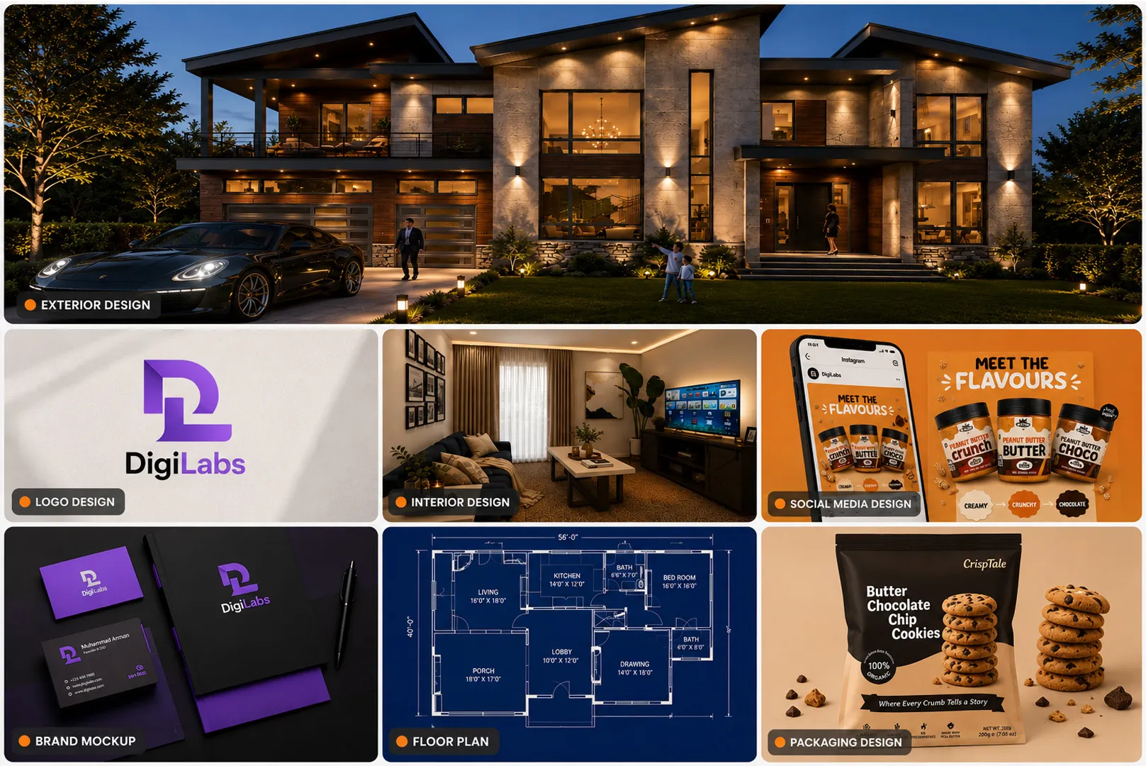 Portfolio collage showcasing AmmaarDesigns' services including luxury exterior architectural visualization, interior design, logo design, branding, packaging design, architectural floor plans, and social media design.