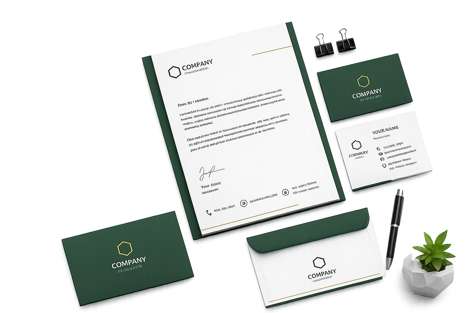 Professional stationery design mockup featuring a business card, letterhead, envelope, and corporate branding materials on a transparent background.