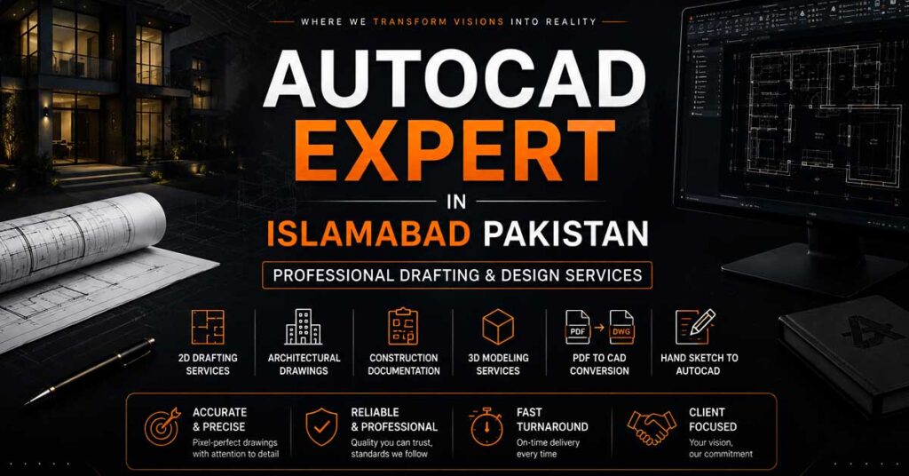 AutoCAD Expert in Islamabad Pakistan – Professional 2D Drafting, Architectural Drawings, Construction Documentation, 3D Modeling, PDF to CAD Conversion, and Hand Sketch to AutoCAD Services by AmmaarDesigns