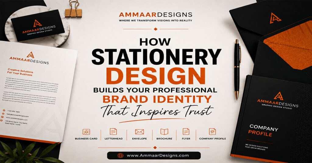 Professional stationery design featuring business cards, letterheads, envelopes, brochures, and company profile mockups that demonstrate consistent branding and visual identity.
