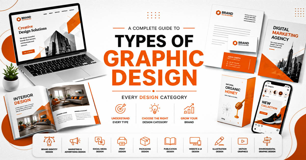 Illustration showing the main types of graphic design, including brand identity, print, packaging, social media, website UI, motion graphics, and marketing design.