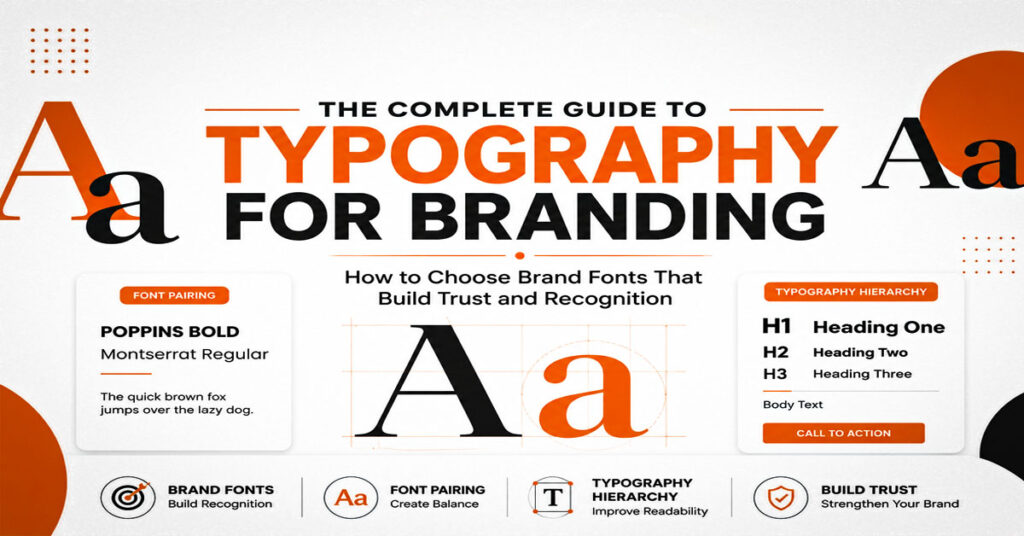 Featured illustration explaining typography for branding with brand fonts, font pairing, typography hierarchy, and visual identity in an orange, black, and white design.