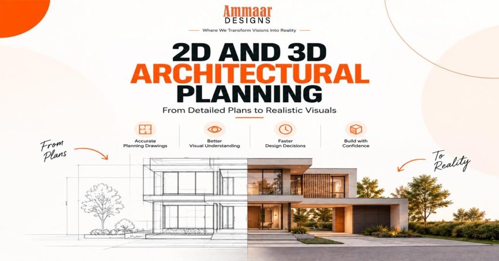 2D and 3D architectural planning comparison showing a floor plan transforming into a realistic modern house rendering with architectural visualization services.