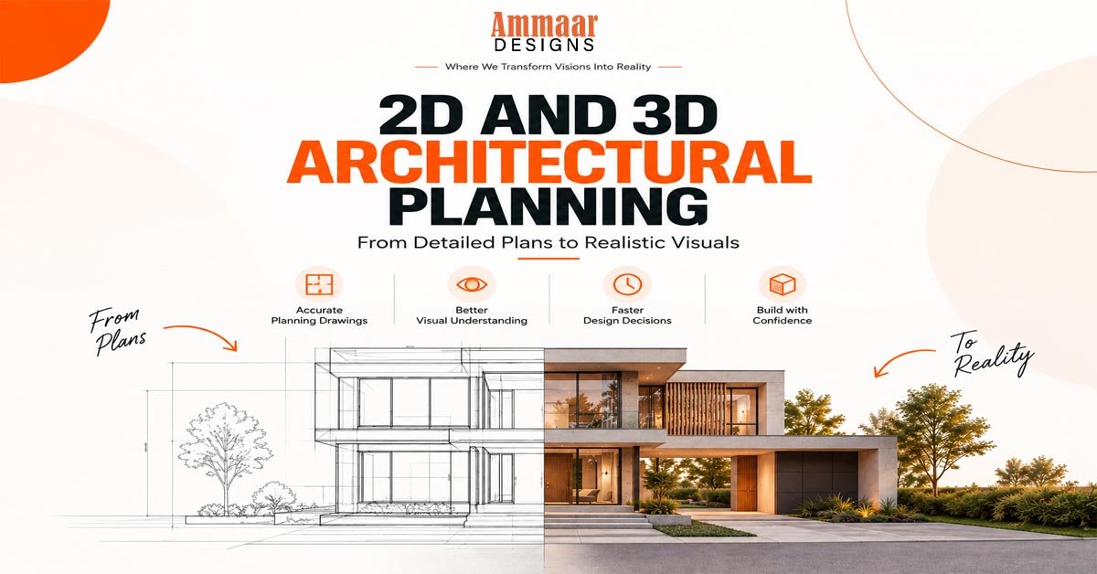 2D and 3D architectural planning comparison showing a floor plan transforming into a realistic modern house rendering with architectural visualization services.