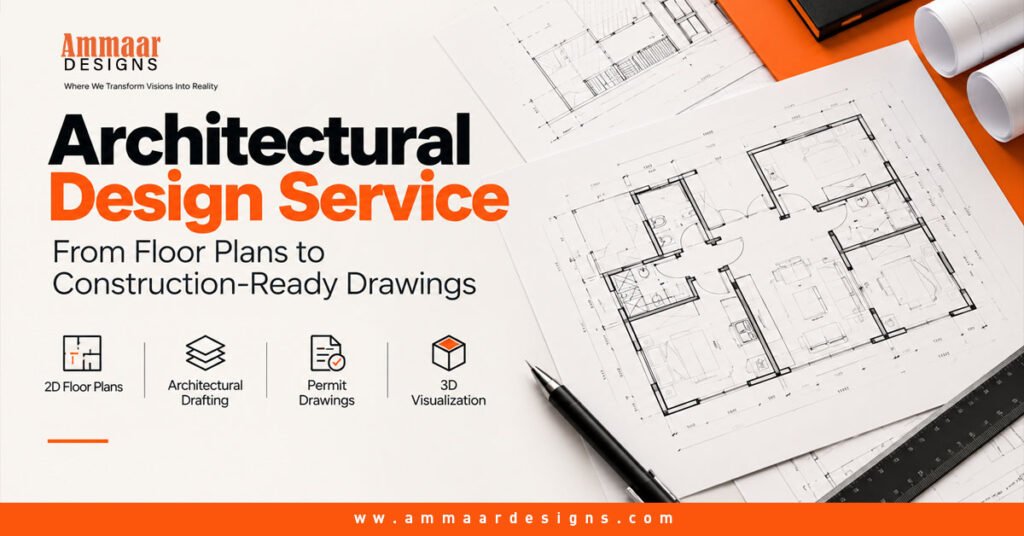 Minimal architectural design service graphic featuring 2D floor plans, architectural drafting, permit drawings, and construction-ready drawings.