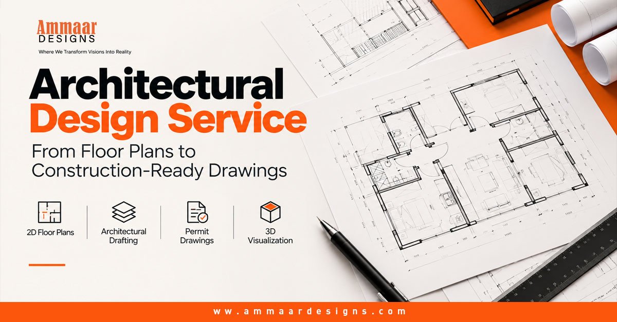Minimal architectural design service graphic featuring 2D floor plans, architectural drafting, permit drawings, and construction-ready drawings.