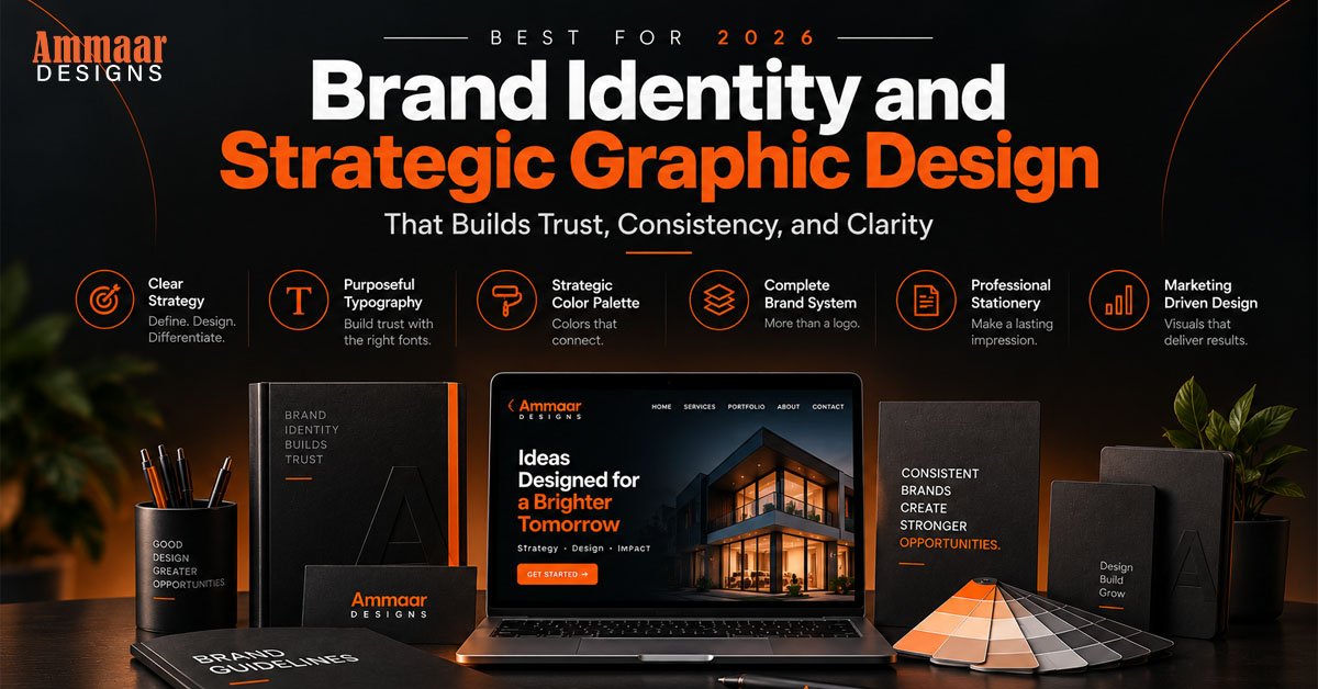 Dark-themed featured image for Brand Identity and Strategic Graphic Design by Ammaar Designs, showcasing a centered headline with premium branding elements including a laptop, brand guidelines, stationery, color palette, typography, and marketing materials in black and orange.